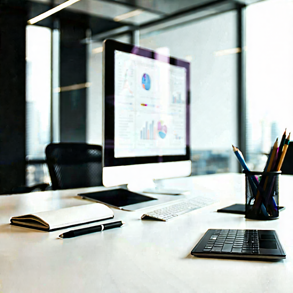 Business Architectural Photography: Workplace With Digital (devices:1.43) On Desk With White Desk