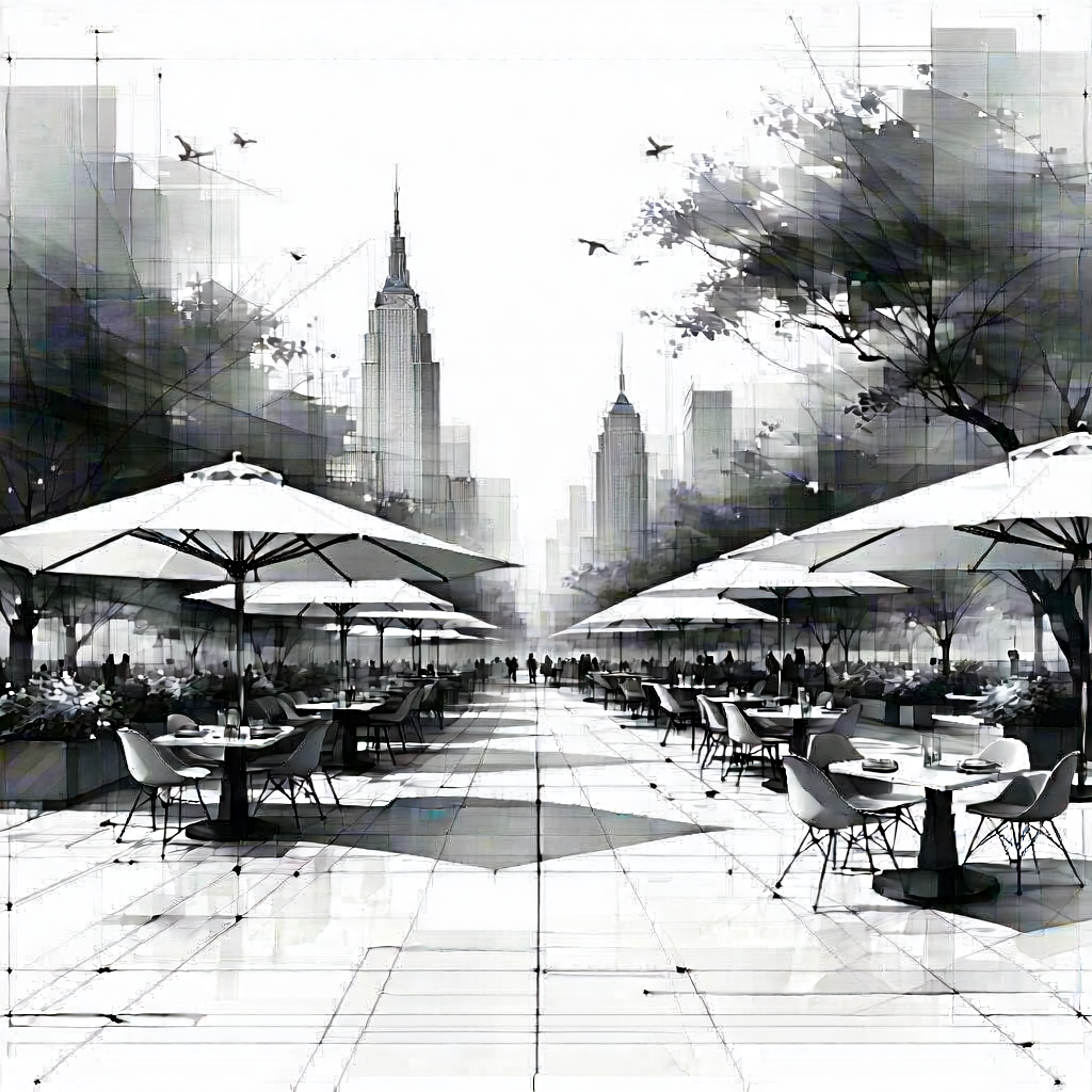 Urban Blueprint Style: (city:1.36) Park With Outdoor Dining With Image, There