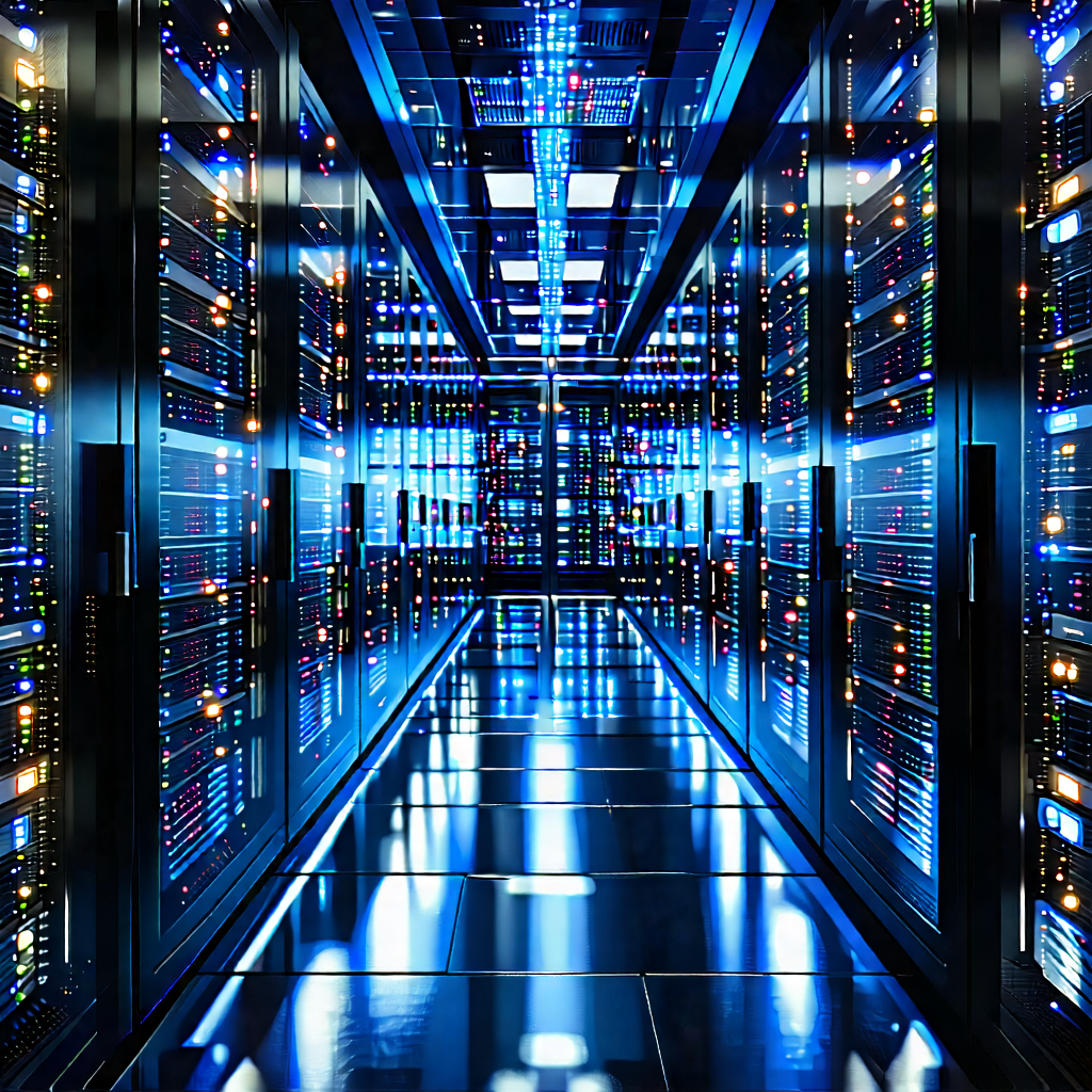 Tech Lithograph: Server rack with data streams