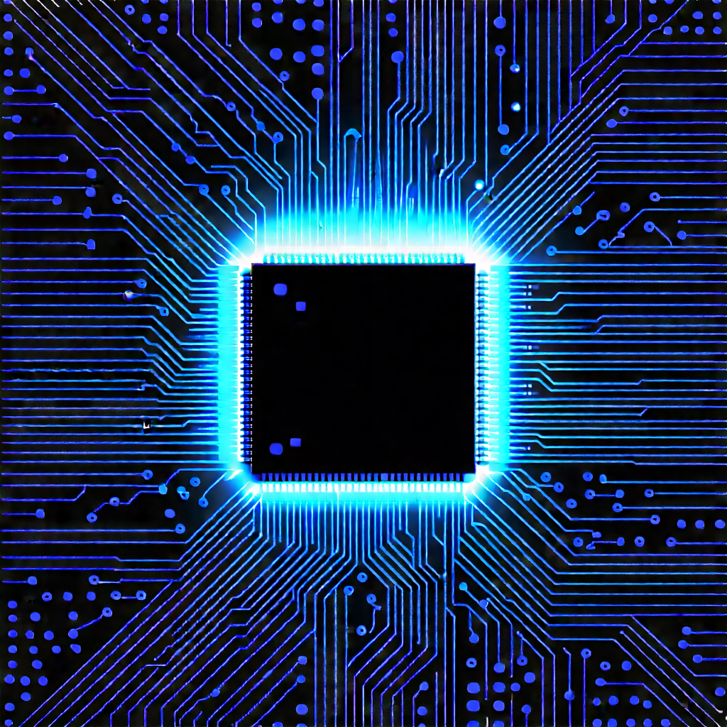 Tech Woodcut Print: Microchip with blue light (glow:1.2)