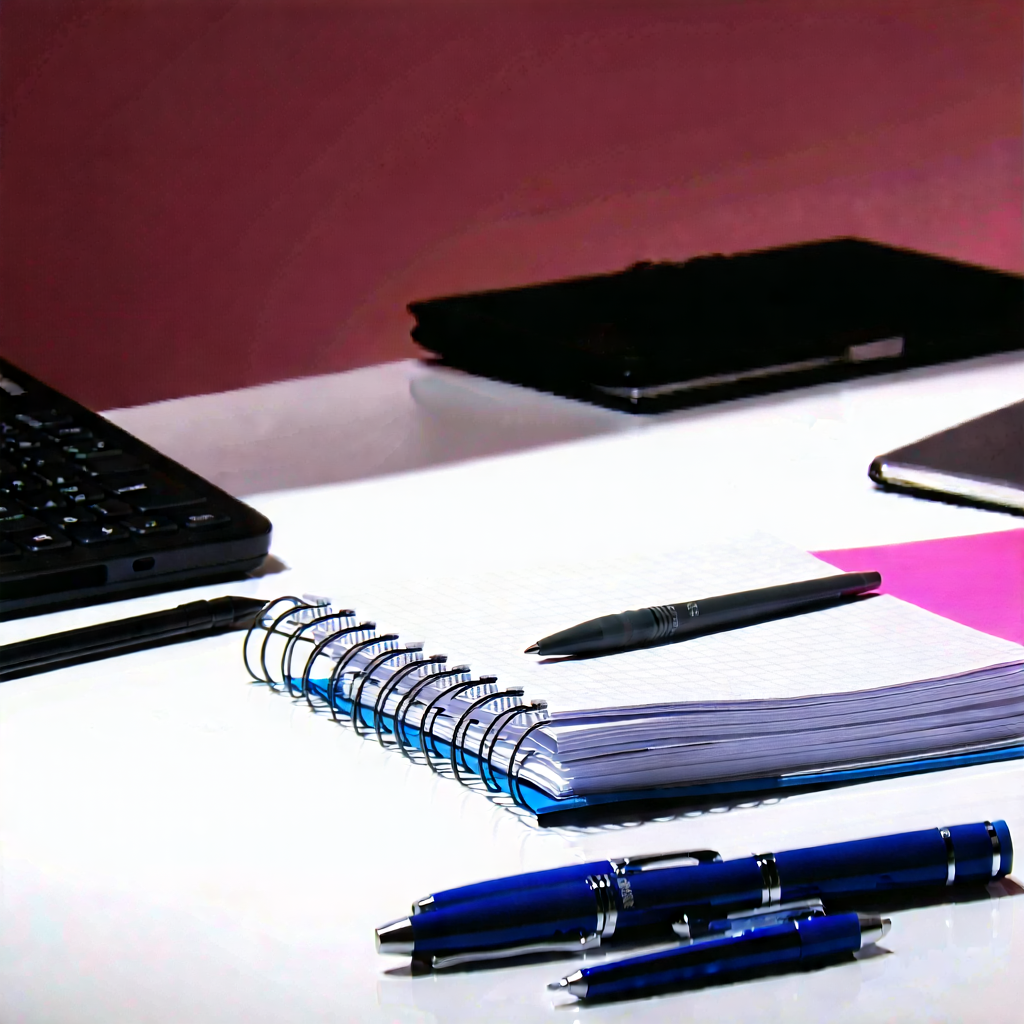 Business Architectural Photography: Workplace with notebooks and pens on desk