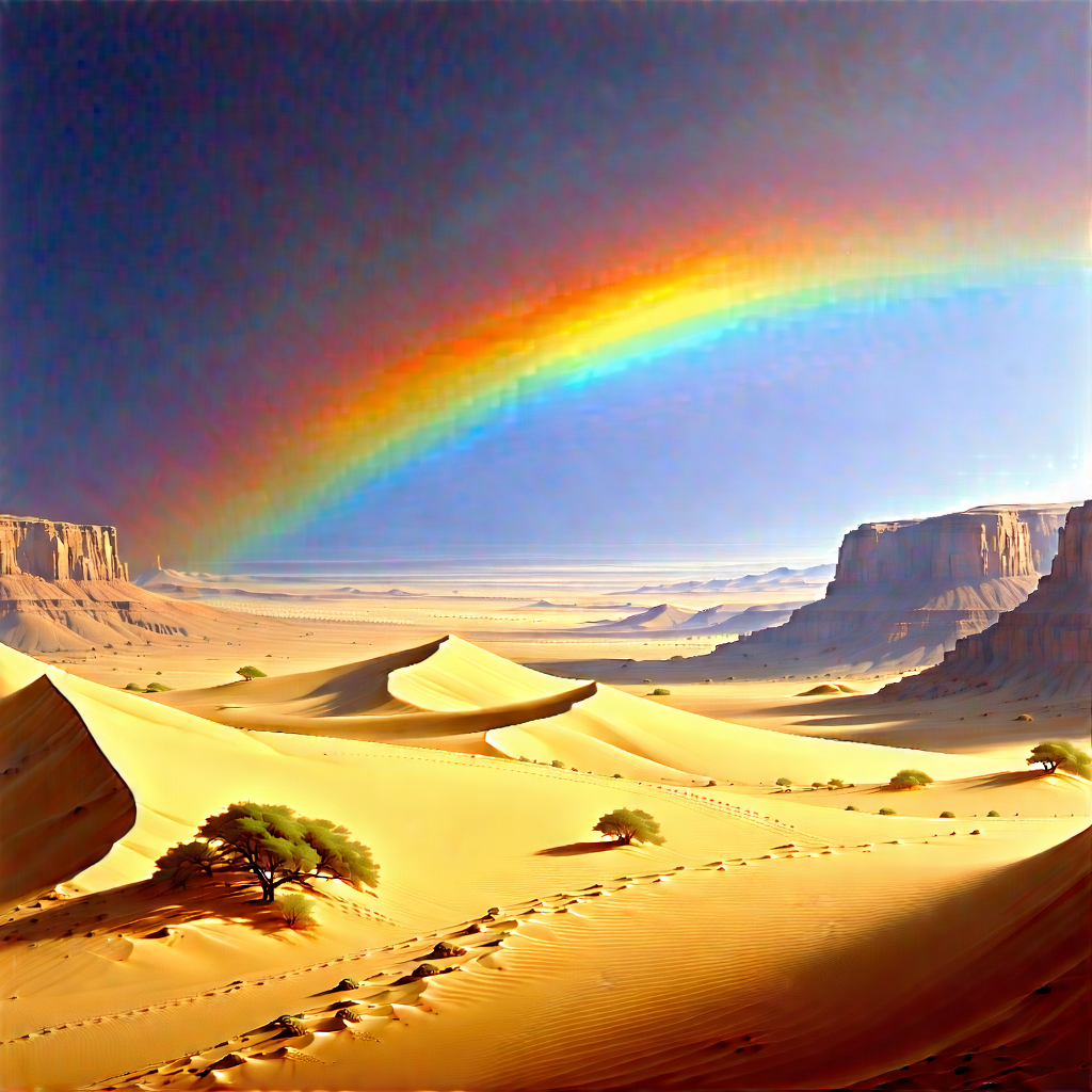 Nature Oil Painting: Rainbow Over Desert With Beautiful Desert