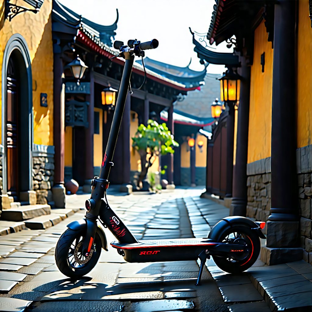 Urban Vector Art: City Electric Scooter In Historic Quarter With Small, Two-wheeled