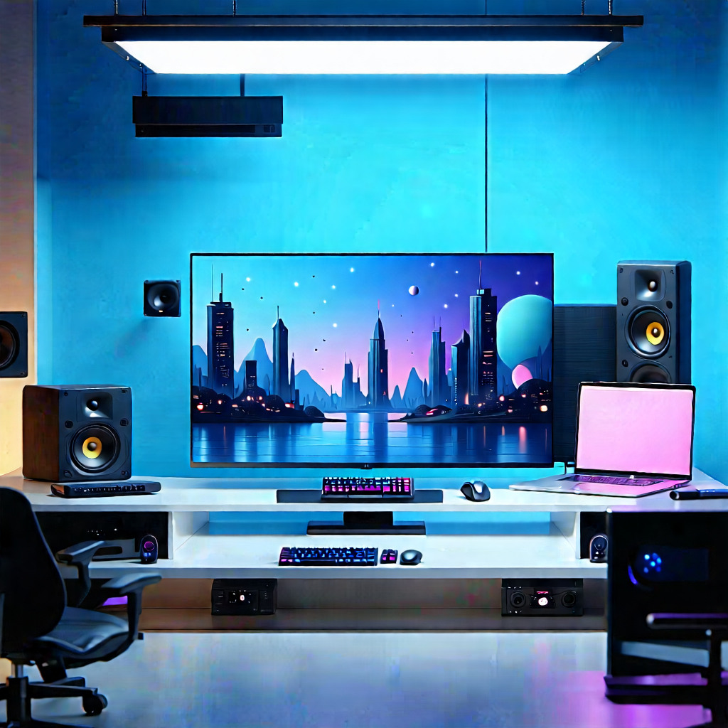 Tech Flat Design: Entertainment Technology In (design:1.13) Studio With Room Large