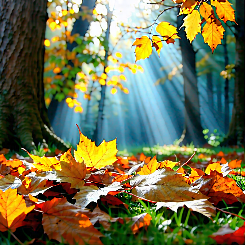 Nature Acrylic Painting: Autumn Leaves In Sunlit Clearing With Beautiful Forest