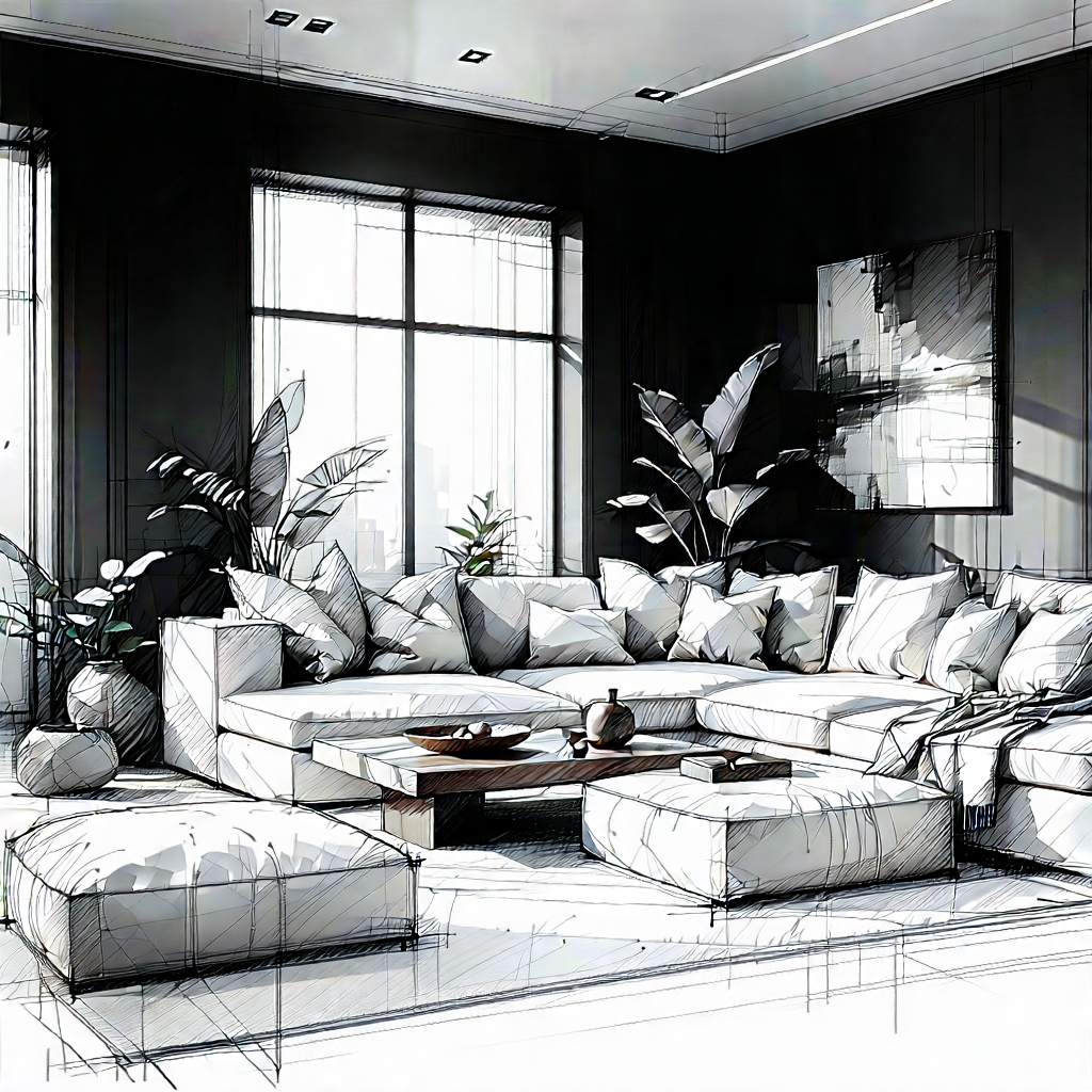 Lifestyle Pencil Sketch: Cozy Living Room With Comfortable Textiles With Image, There