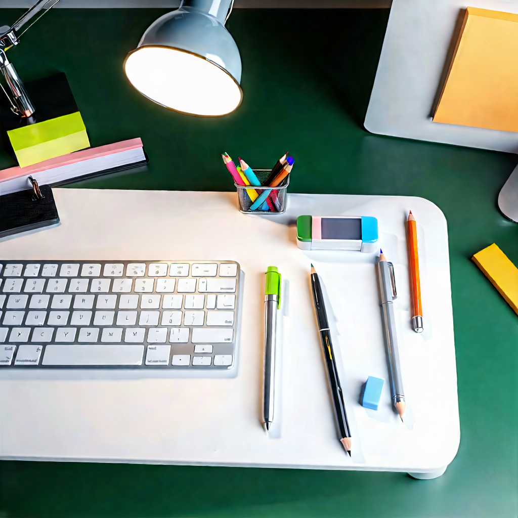 Business Aerial Photography: Workplace with productivity tools on desk