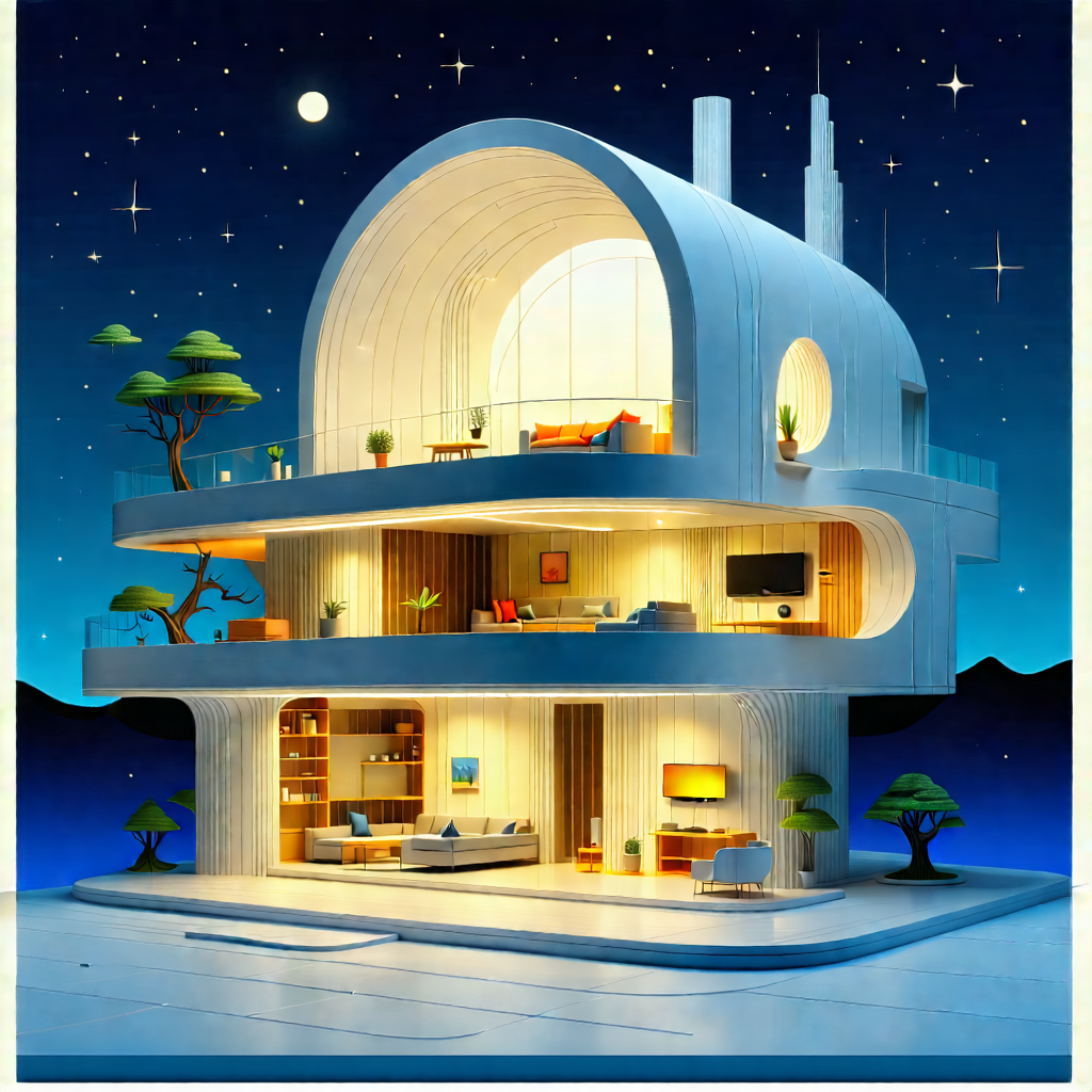Tech Woodcut Print: Futuristic Smart Home With Model House
