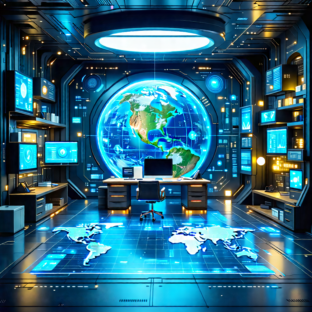 Tech Diagram Style: (futuristic:1.27) Tech Startup Office With Futuristic Setting,