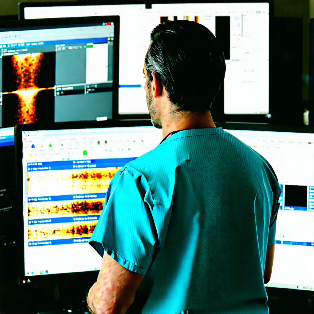 Business Advertising Photography: Healthcare professional using multiple monitors