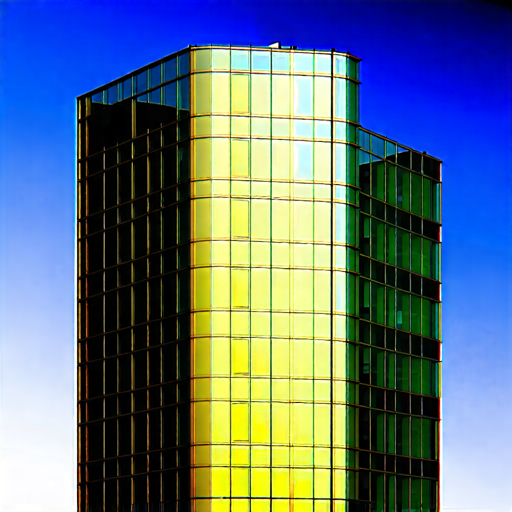Urban Etching: Glass Office Tower With Reflective Glass With Tall, Multi-colored