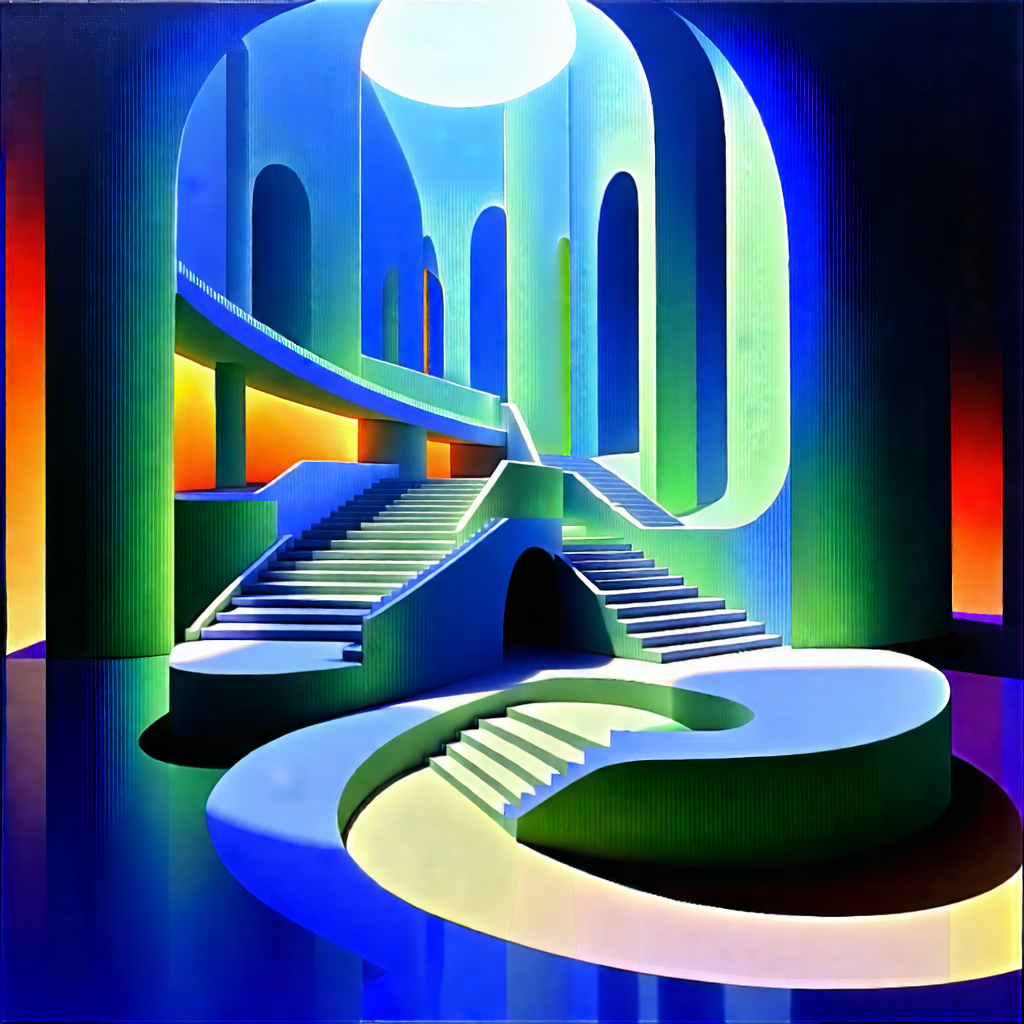 Tech Acrylic Painting: Futuristic Innovation Hub With Painting Staircase