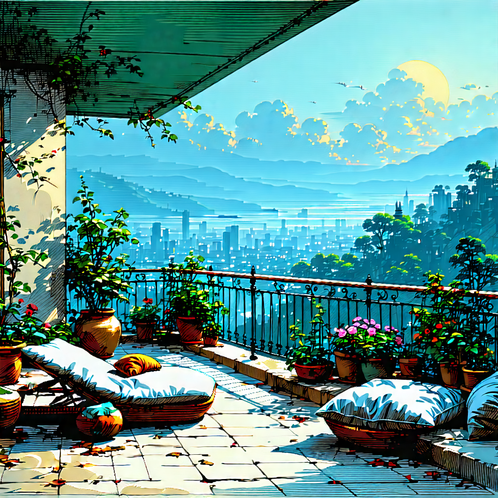 Lifestyle Etching: Balcony Garden With Comfortable Textiles With Painting Beautiful