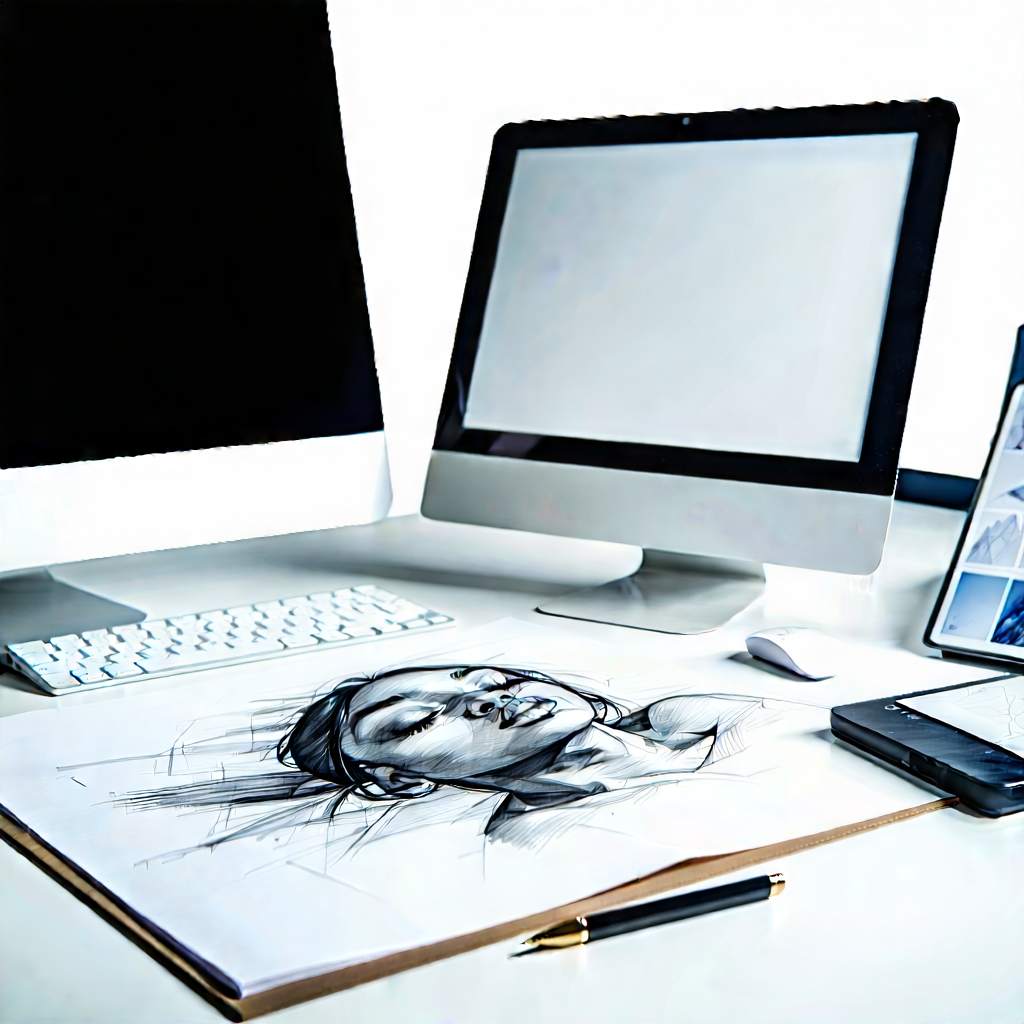 Business Ink Drawing: Workplace with digital devices on desk