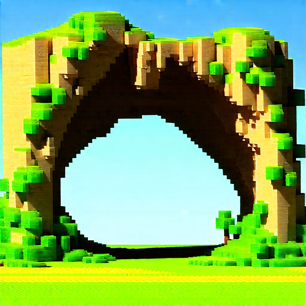 Nature Voxel Art: Natural Arch In Spring Bloom With Model Bridge,