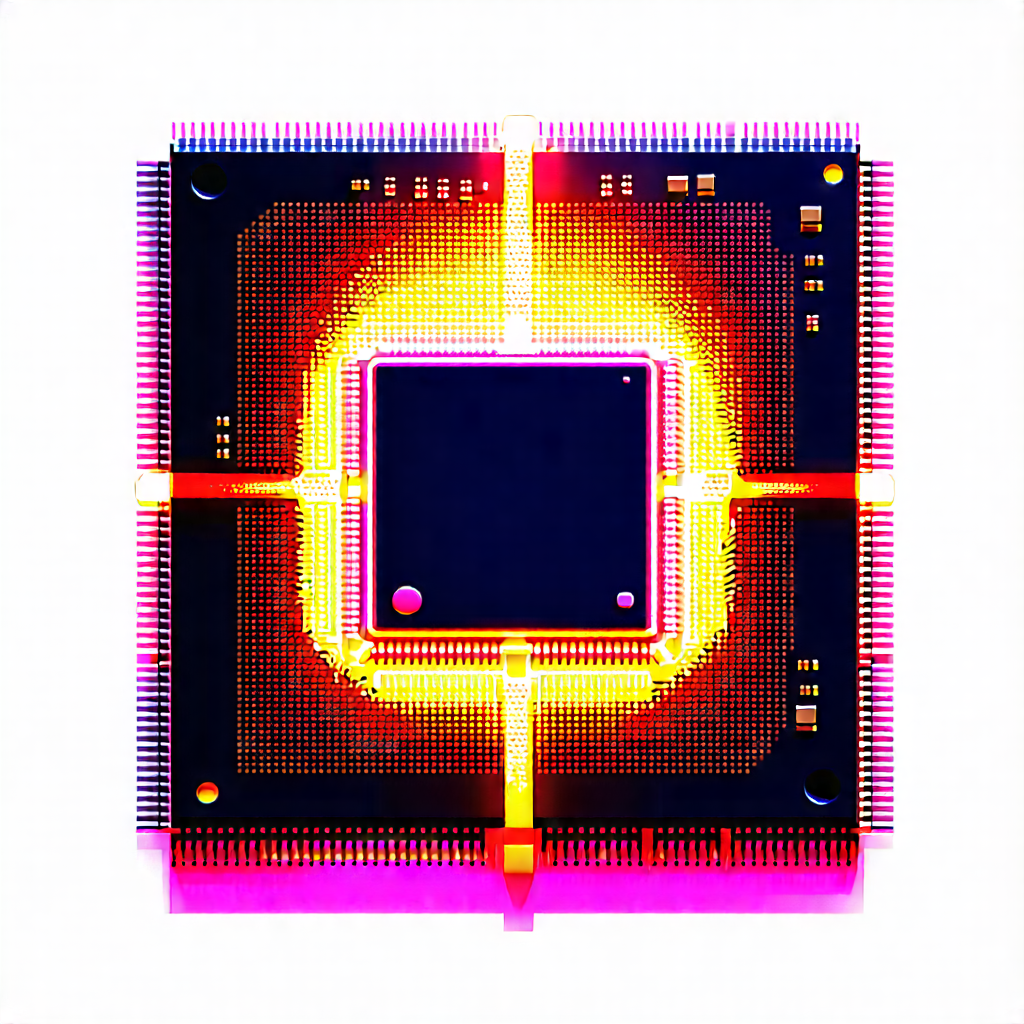 Tech Ink Drawing: Microchip With Neon Accents With Close-up Computer