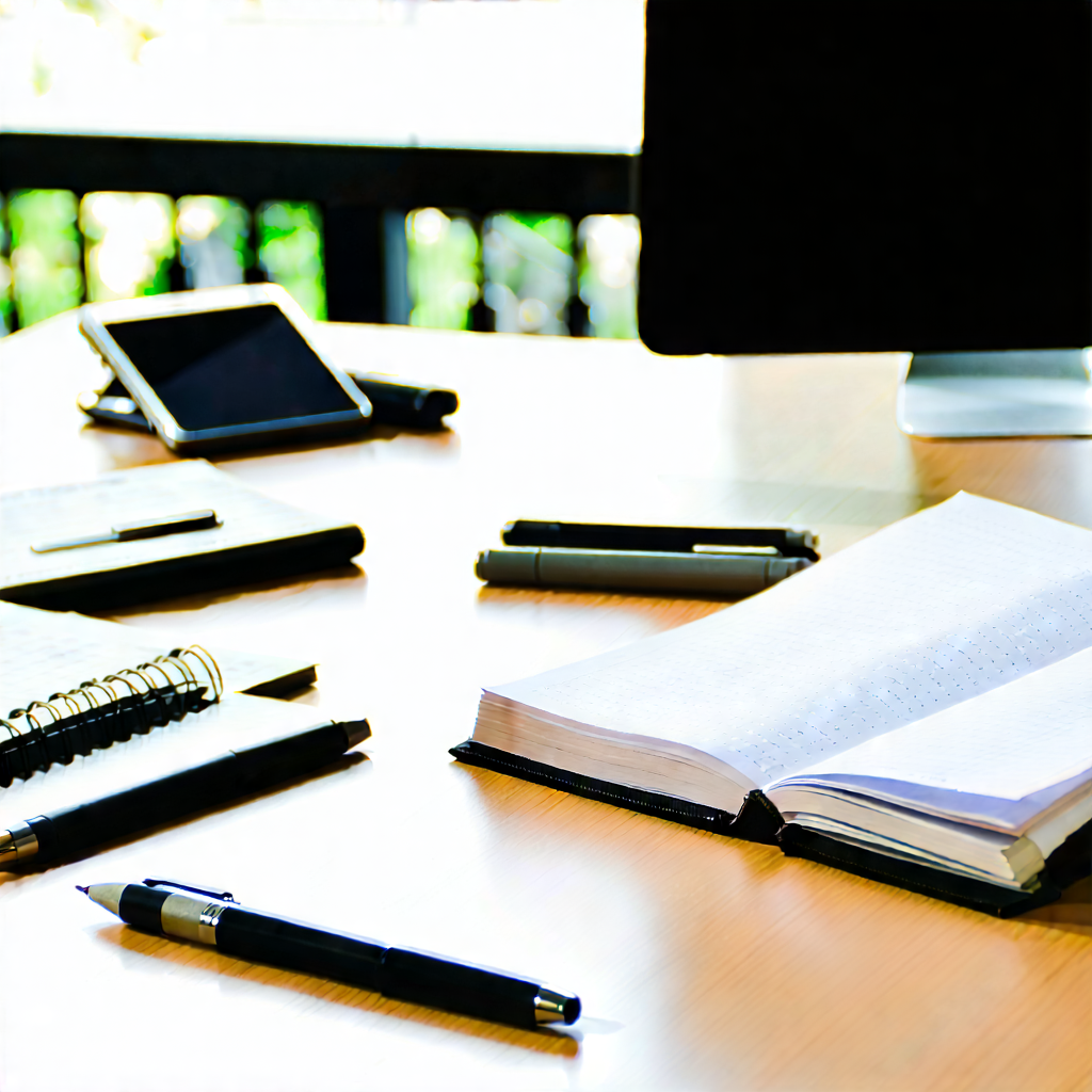 Business Hdr Photography: Workplace with notebooks and pens on desk