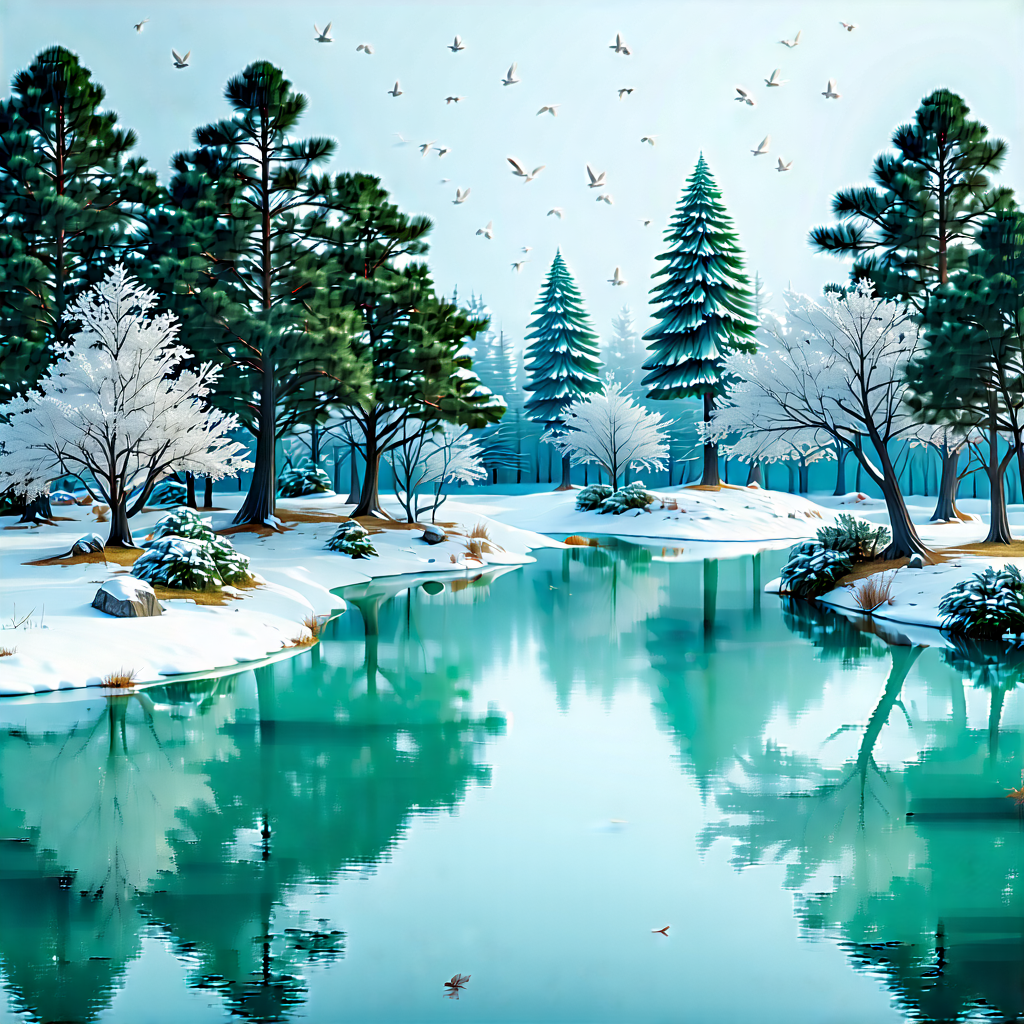 Nature Minimalist Design: Tranquil Pond Surrounded By Snow-covered Trees With Image, There