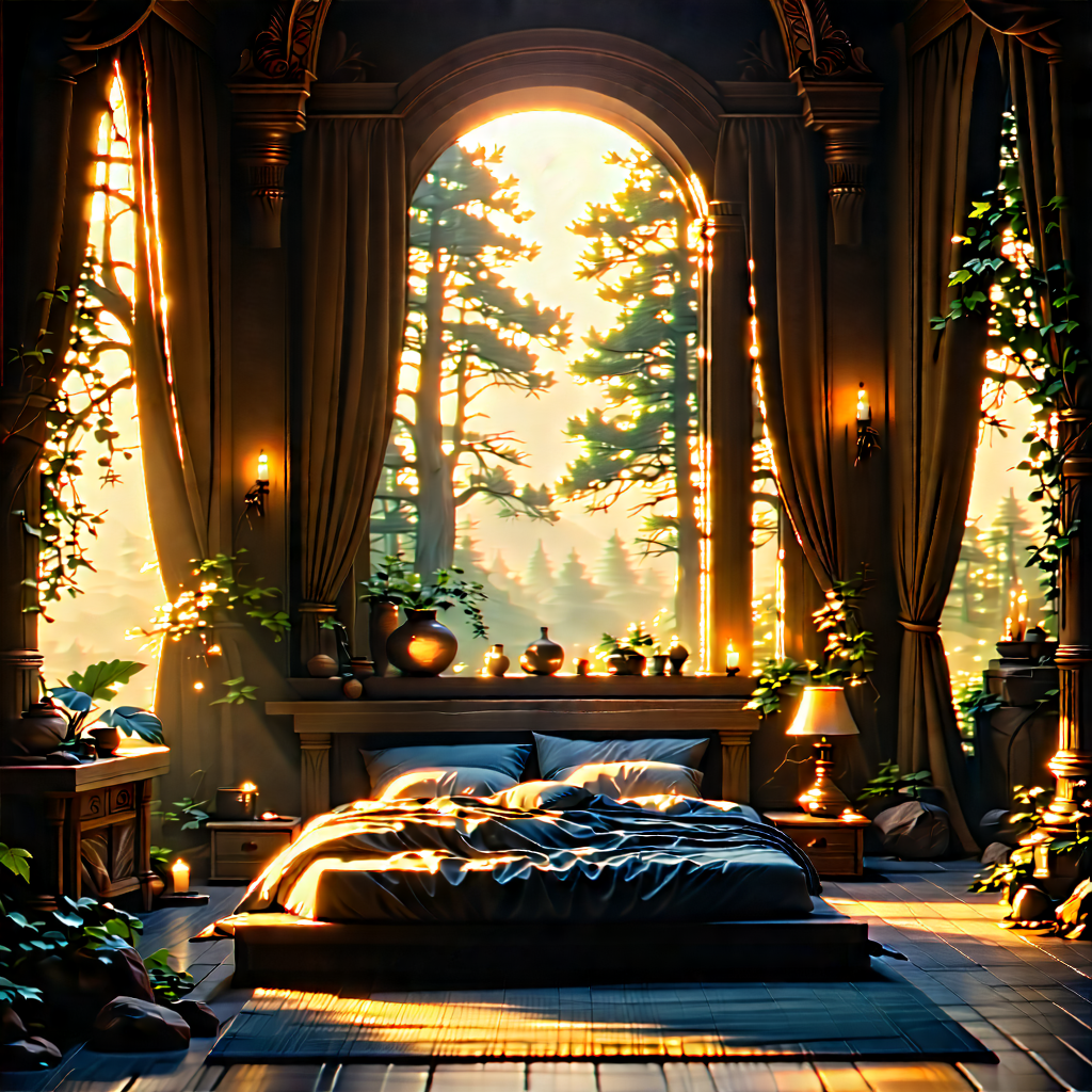Lifestyle Etching: Bedroom Sanctuary With Warm (lighting:1.42) With Image, There