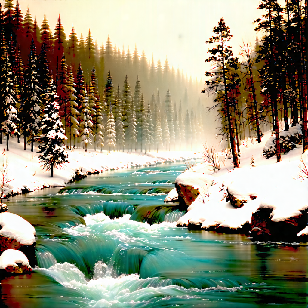 Nature Lithograph: Rushing (river:1.31) Surrounded By Snow-covered (trees:1.43) With Beautiful Snowy