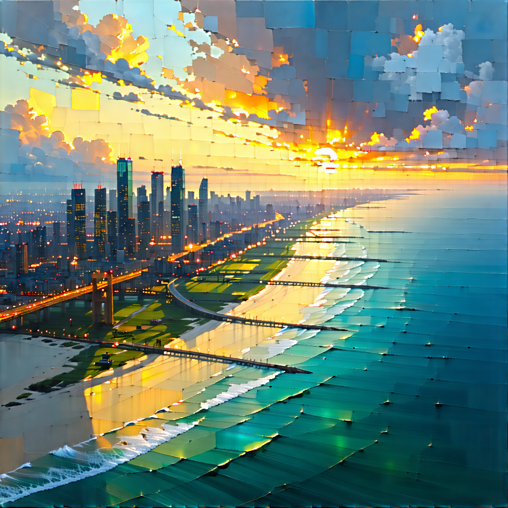 Urban Gouache Painting: Cityscape of coastal city during sunrise