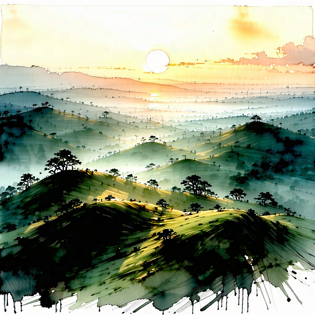 Nature Ink Drawing: Rolling Hills During Golden Hour With Beautifully Drawn