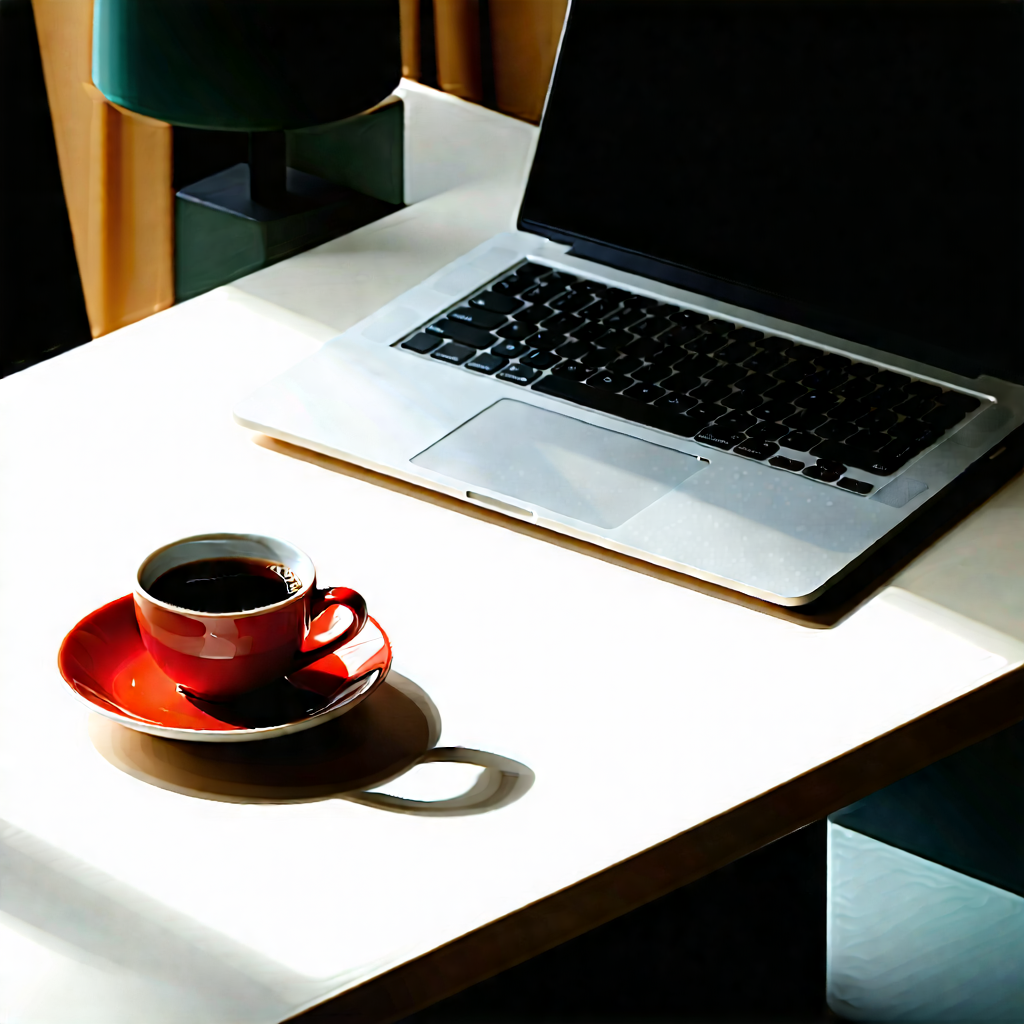 Business Abstract Design: Workplace With Laptop And Coffee On Desk With Laptop Computer
