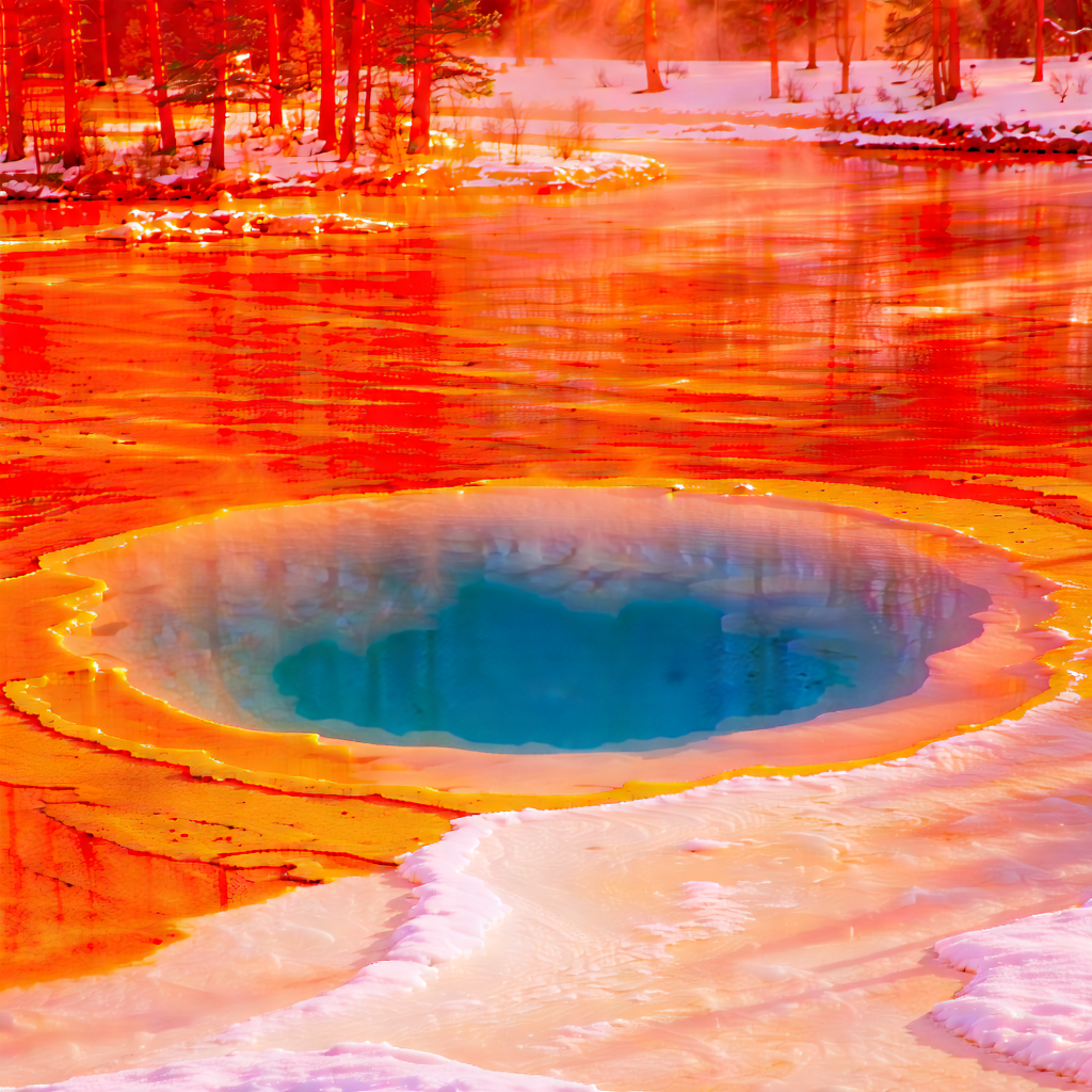 Nature Aerial Photography: Hot Spring Surrounded By Snow-covered Trees With Large, Round,