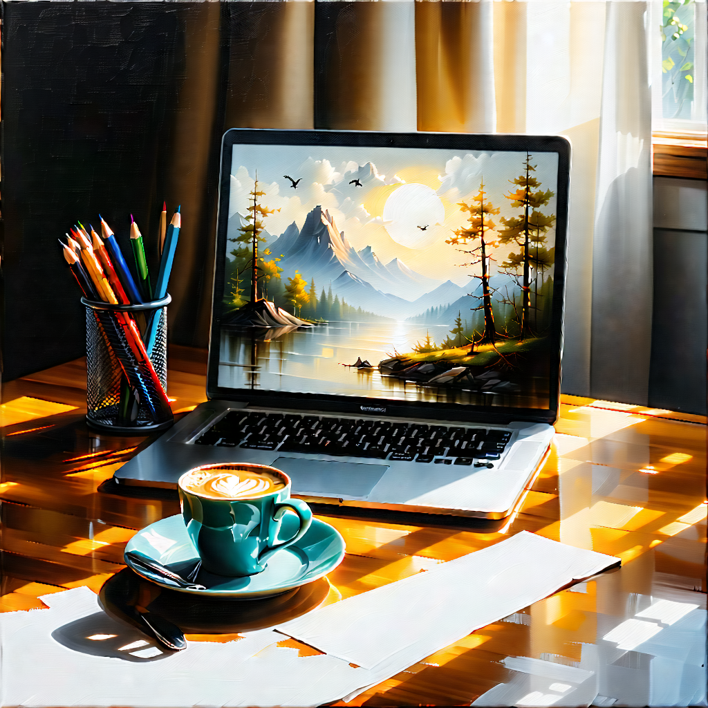 Business Oil Painting: Workplace With Laptop And Coffee On Desk With Laptop Computer