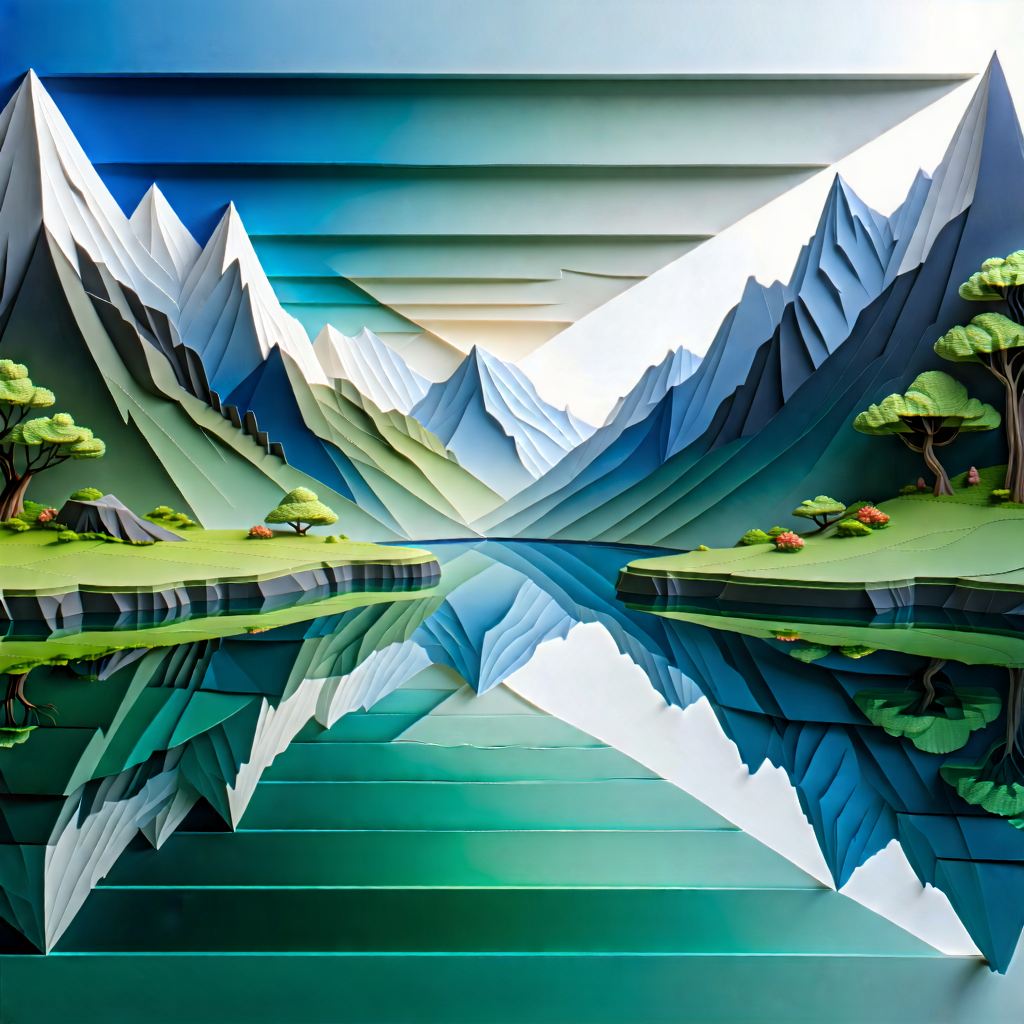 Nature Geometric Design: Tranquil pond surrounded by (mountain:1.16) peaks
