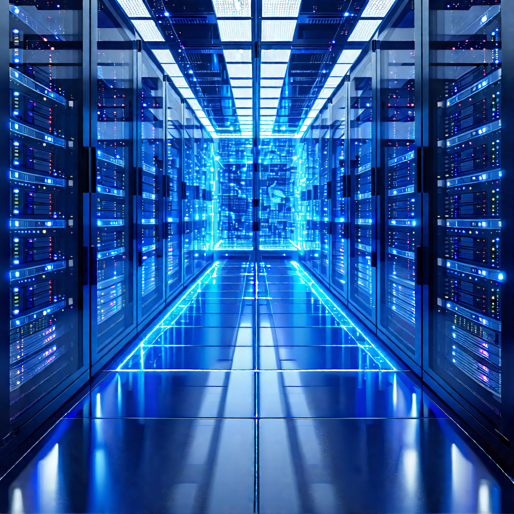 Tech Digital Art: Server Rack With Holographic Projection With Image, There
