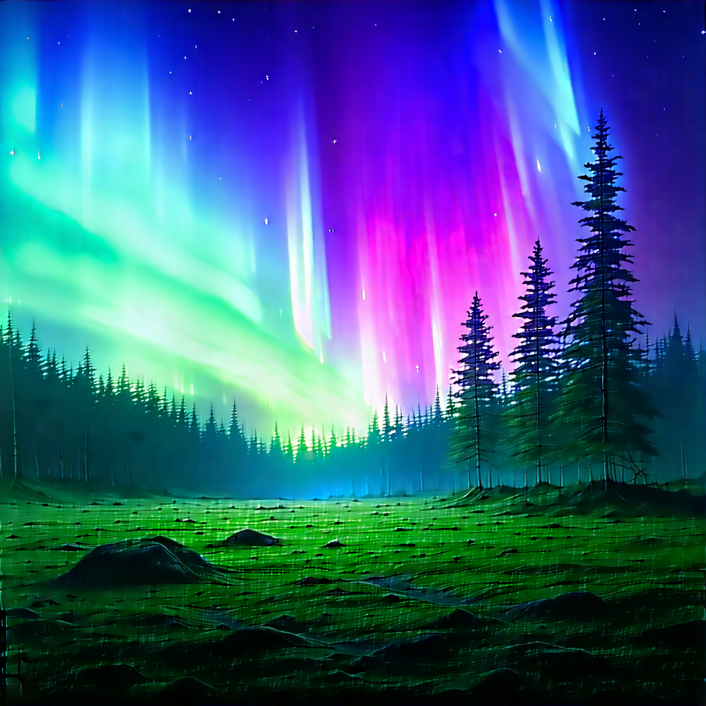 Nature Flat Design: Northern Lights Over Forest Clearing With Image, There