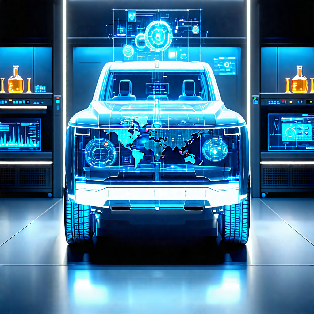 Tech Matte Painting: Automotive Technology In Modern Laboratory With Futuristic Displayed