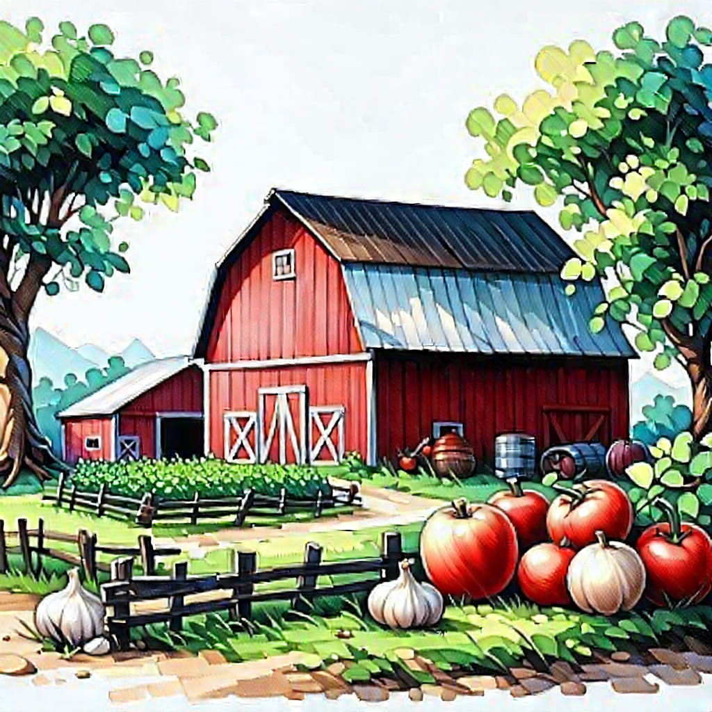 Lifestyle Pastel Drawing: Farm-to-table Meal Prepared With Organic Components With Large Barn