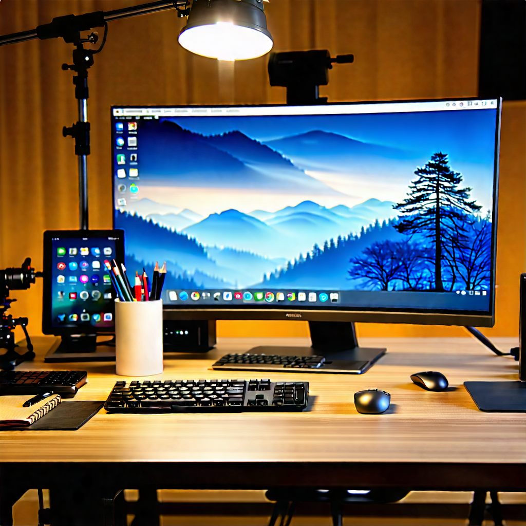 Business Landscape Photography: Workplace With Digital Devices On Desk With Large Computer