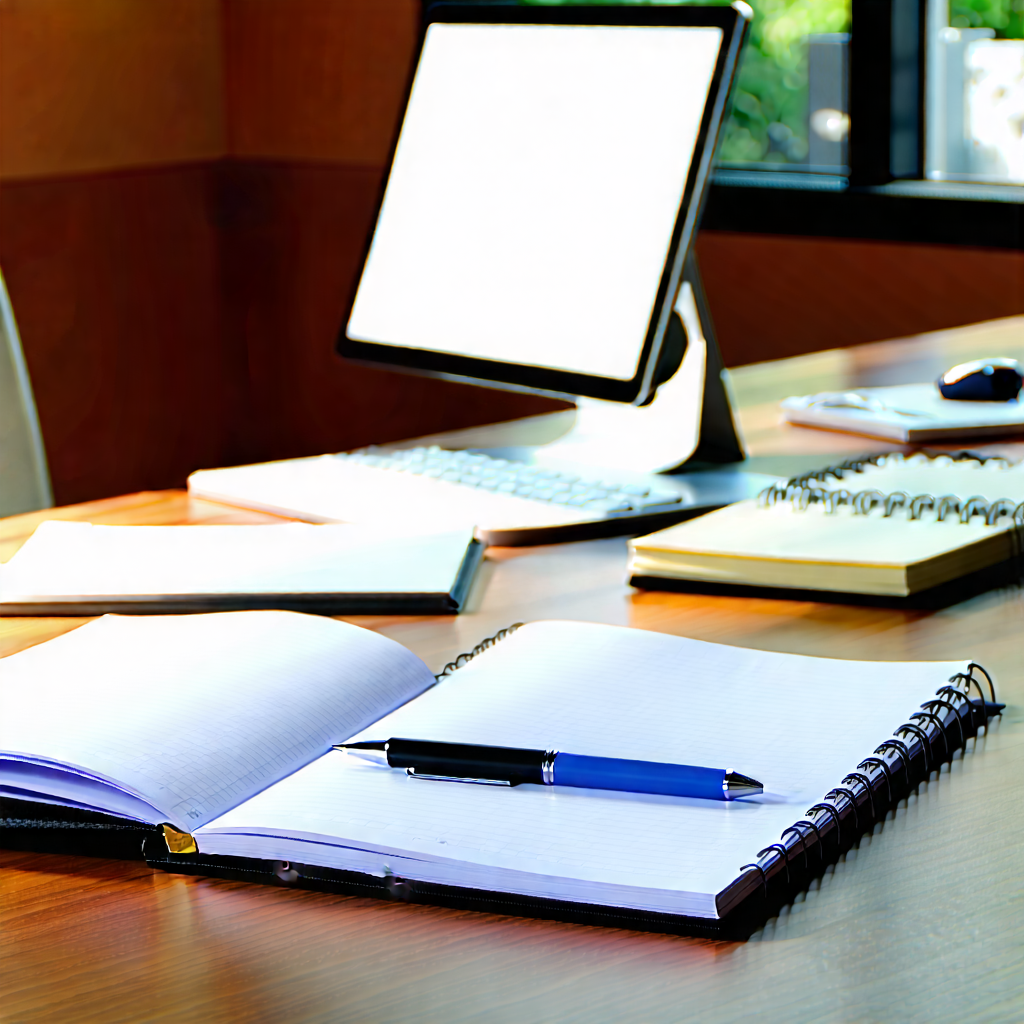 Business Editorial Photography: Workplace with notebooks and pens on desk