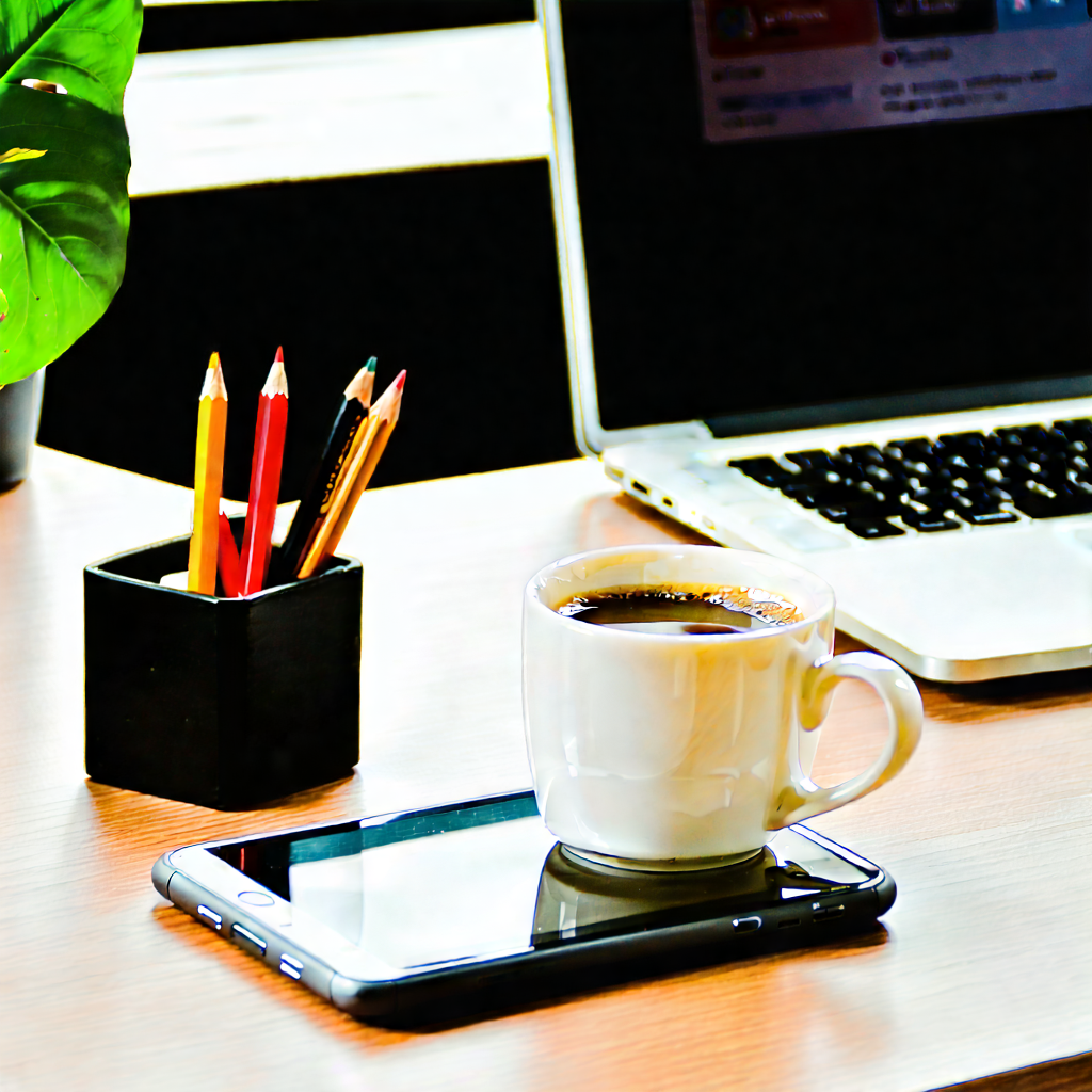 Business Macro Photography: Workplace With Laptop And Coffee On Desk With White Coffee