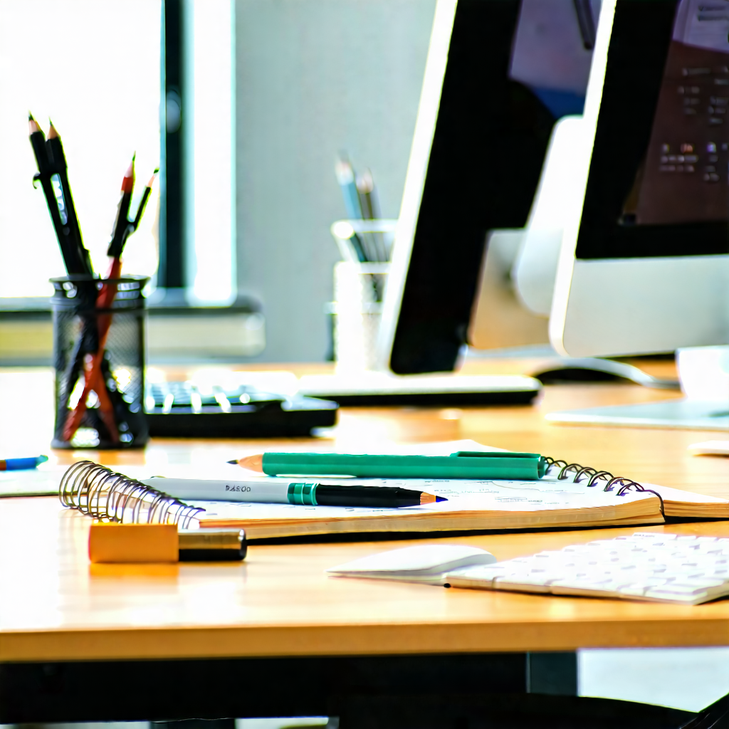 Business Digital Illustration: Workplace with productivity tools on desk