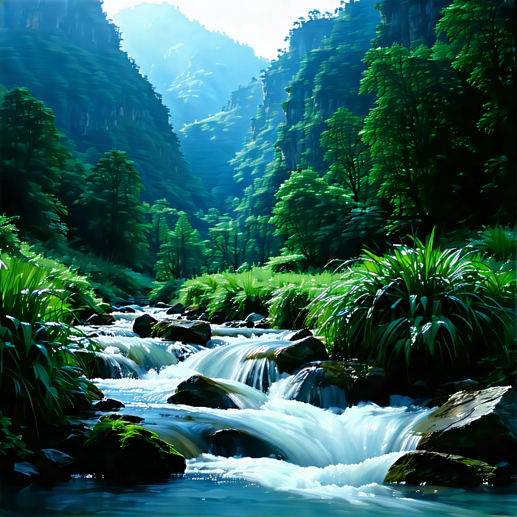 Nature Long Exposure Photography: Mountain Stream Surrounded By Lush Vegetation With Beautiful Waterfall