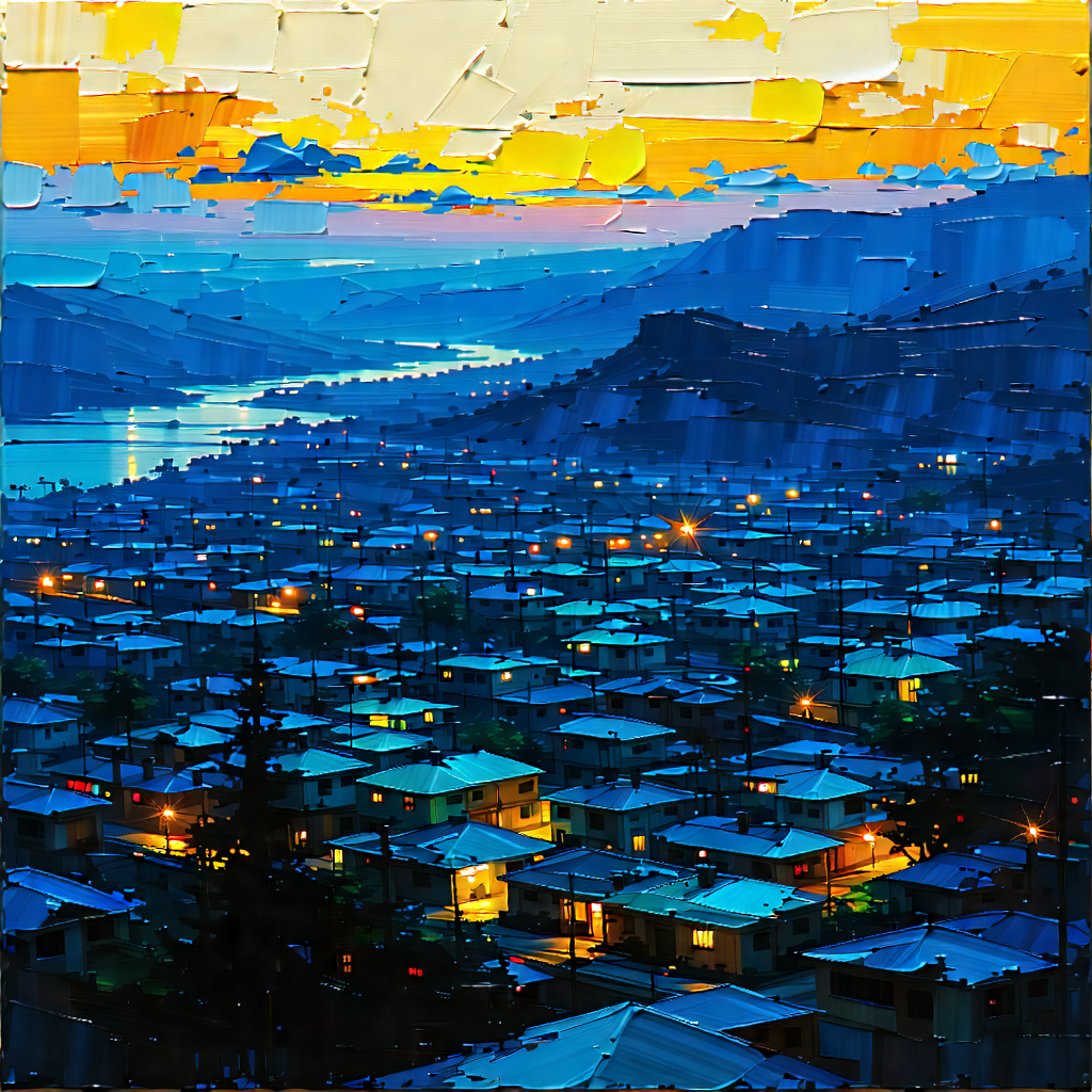 Urban Acrylic Painting: Cityscape Of Small Town During Night With Painting City
