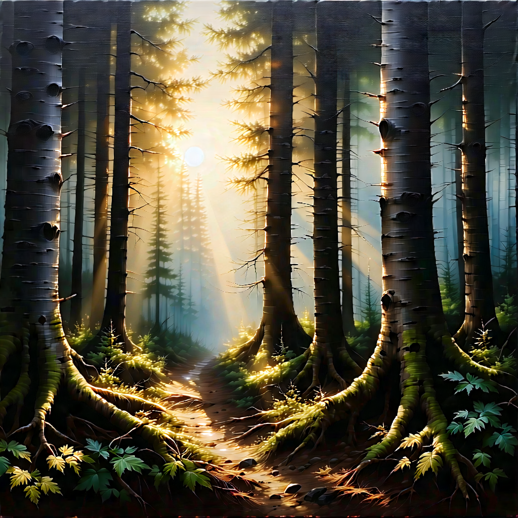 Nature Charcoal Drawing: (forest:1.47) scene during sunset
