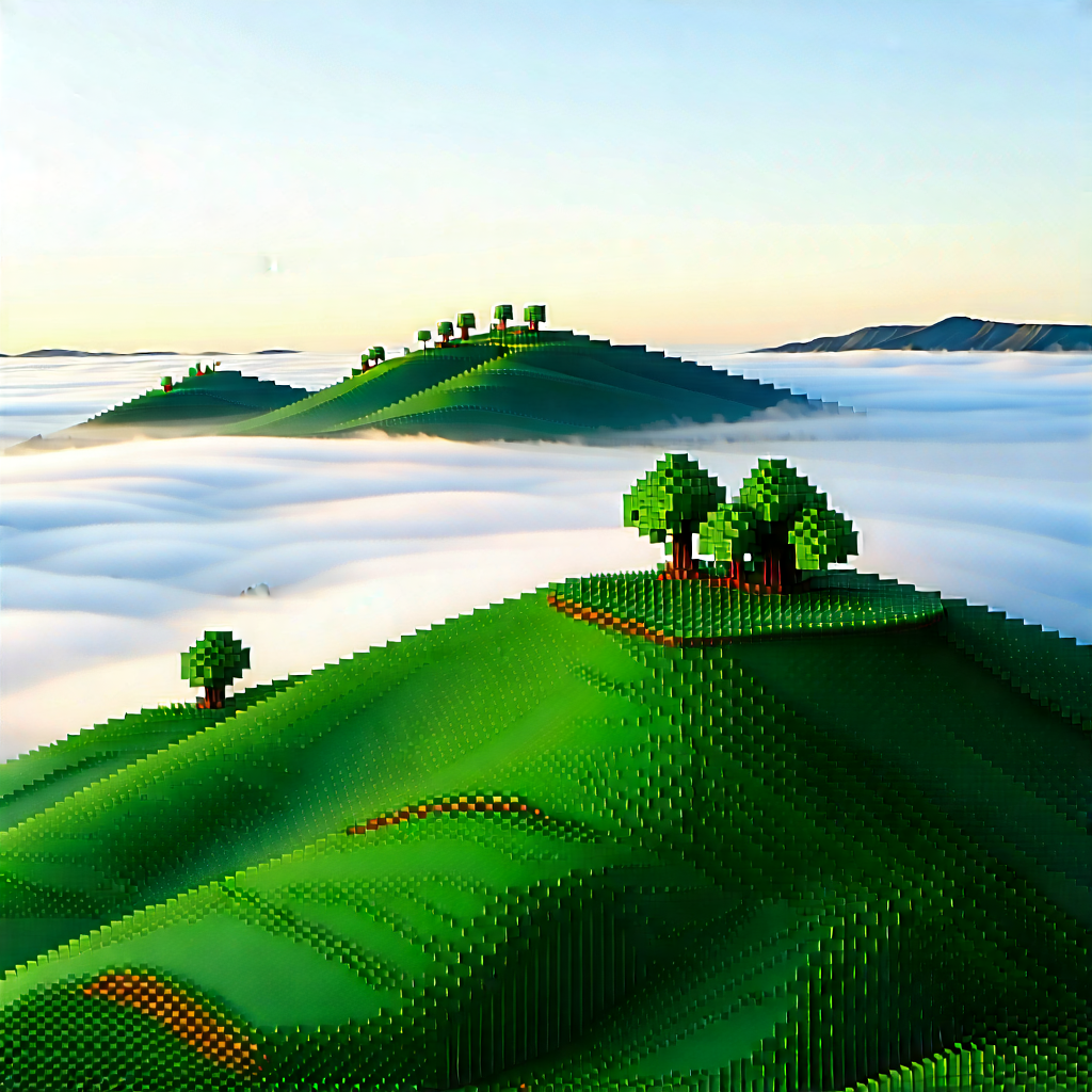 Nature Voxel Art: Rolling Hills During Foggy Morning With Computer-generated, Three-dimensional