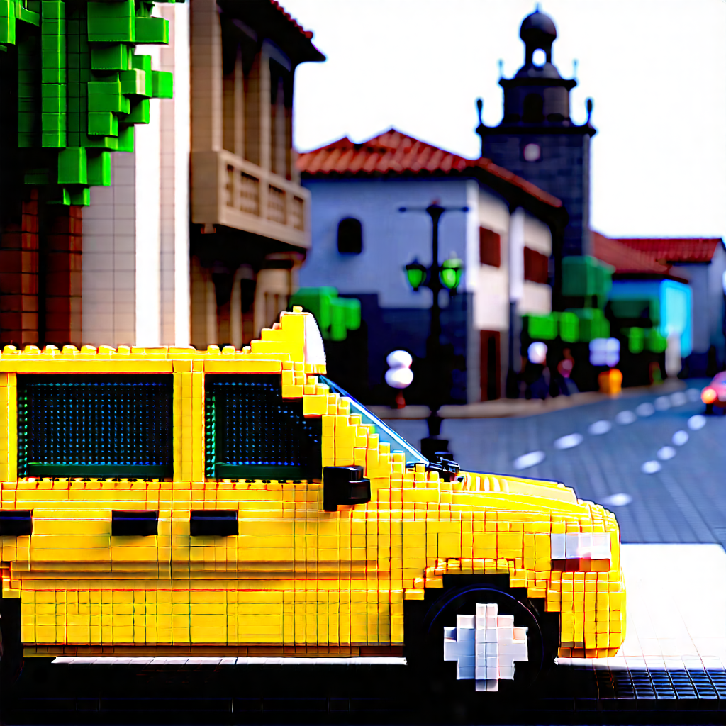 Urban Voxel Art: (city:1.26) taxi in historic quarter