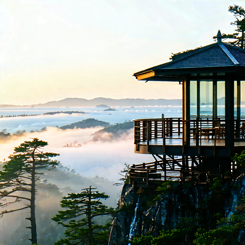 Urban Product Photography: Observation Deck With Morning Mist With Small Wooden