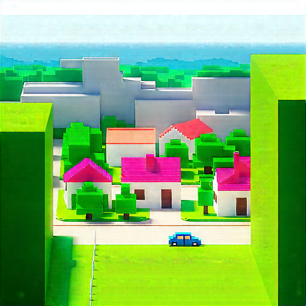 Urban Voxel Art: Cityscape of small town during midday