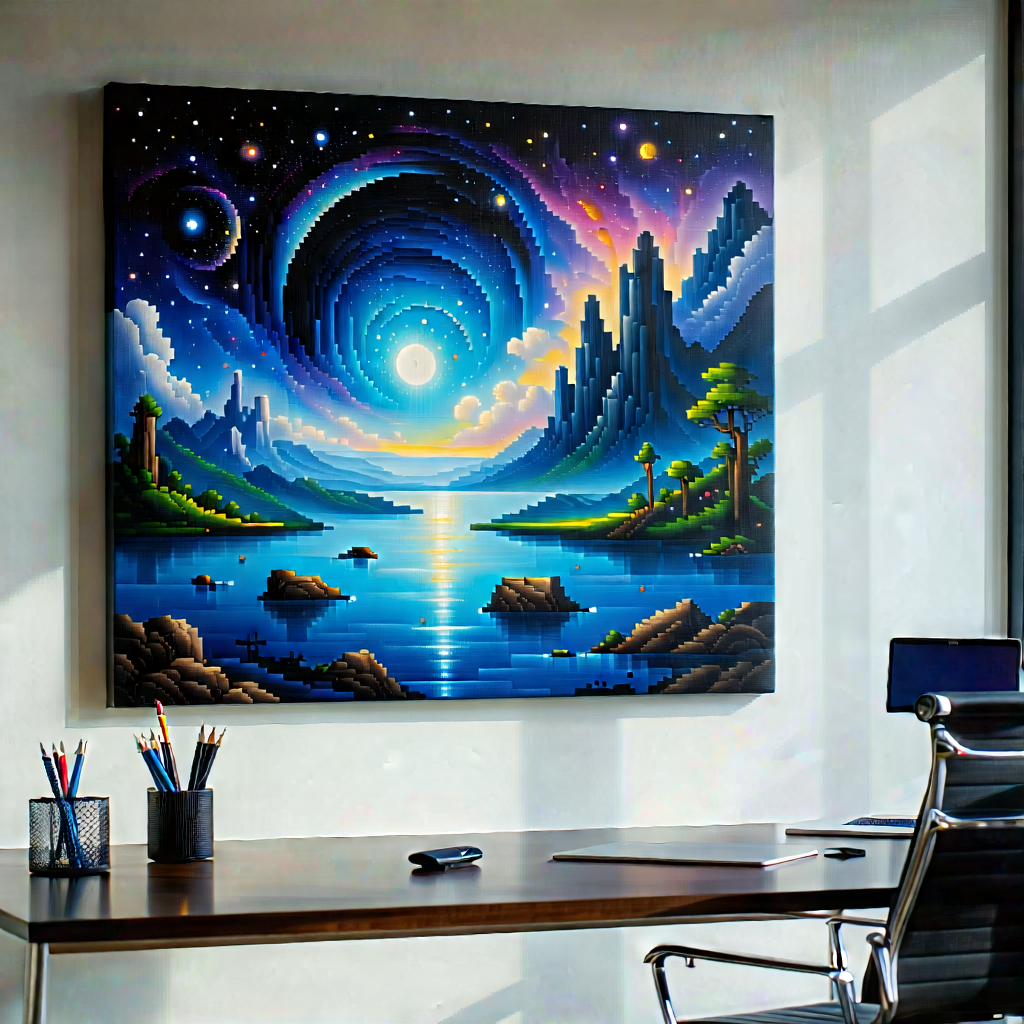 Tech Oil Painting: Futuristic Tech Startup Office With Large Painting