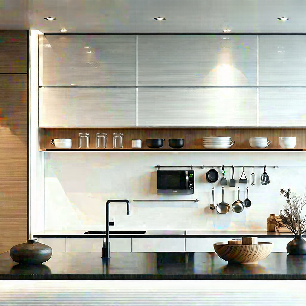 Lifestyle Lithograph: Modern Kitchen With Minimalist Decor With Large, Modern
