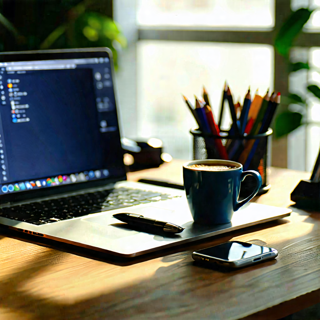Business Hdr Photography: Workplace with laptop and coffee on desk