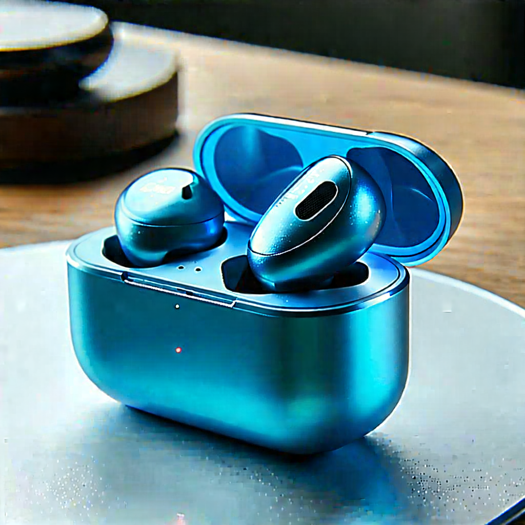 Tech Diagram Style: Wireless earbuds with holographic display