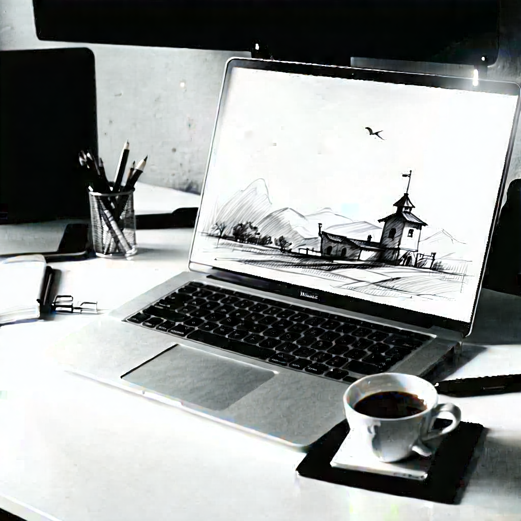 Business Charcoal Drawing: Workplace with laptop and coffee on desk